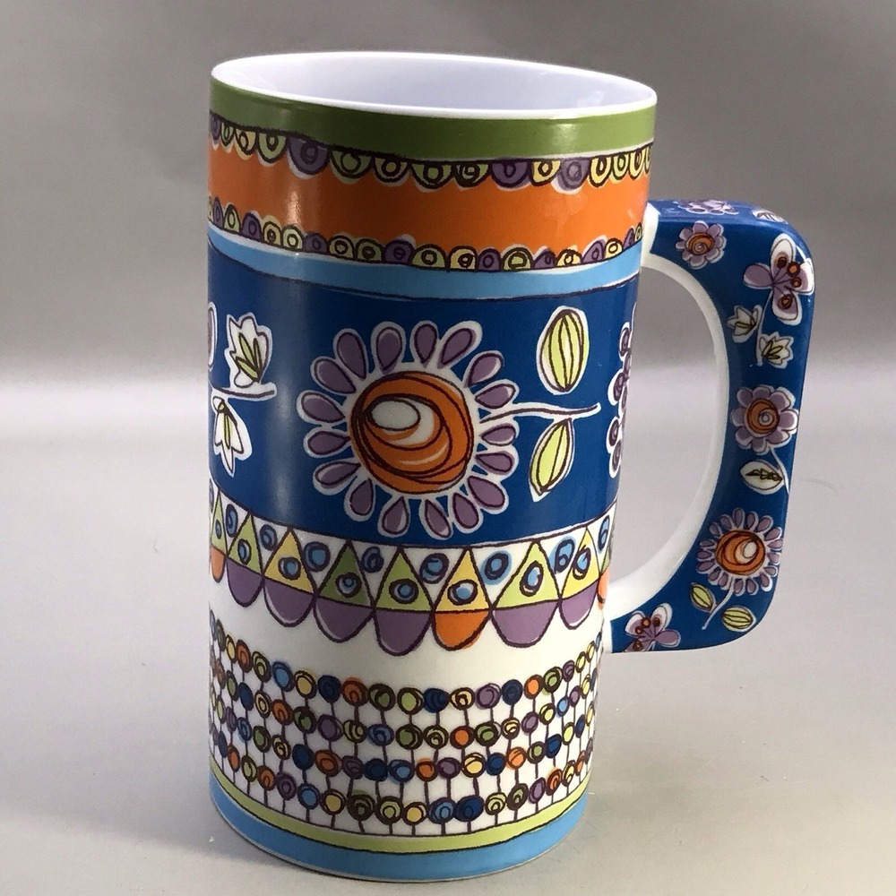Rare Pier 1 Porcelain Mug Colorful Floral Blue Orange Purple Green 6" Tall